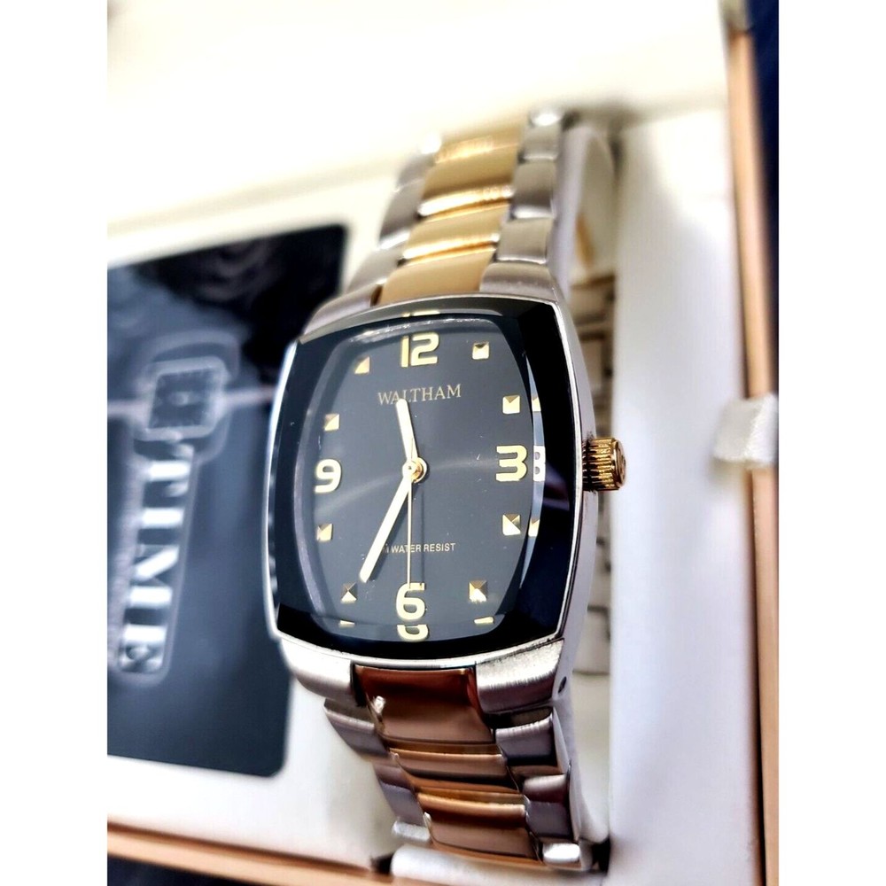 Pristine NIB Vintage‎ WALTHAM 2 Tone 80's Black Deep Crystal Retro Men's Watch